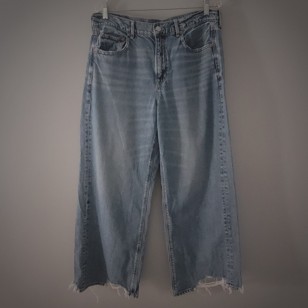 American Eagle Super High Rise Baggy Wide Leg Jeans Womens 12 Short Raw Hem